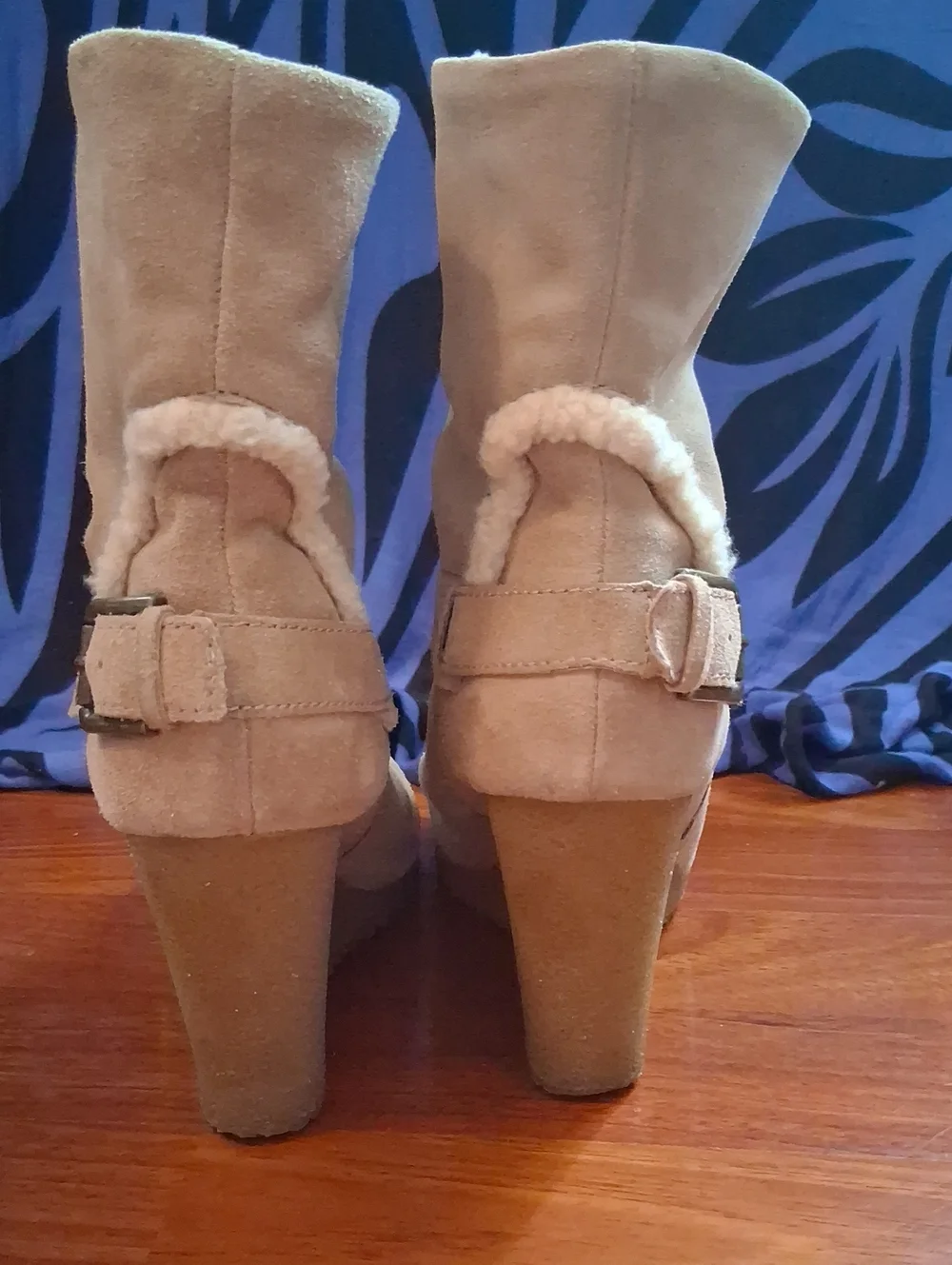 Tan Leather Wedge Booties with Cozy Lining And Side Buckle